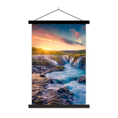 Produktbild von MuchoWow® Textilposter Wasserfall - Pflanzen - Moos - Landschaft - Sonnenuntergang - Fels 40x60 cm mit schwarzem Rahmen - Wanddekorationen