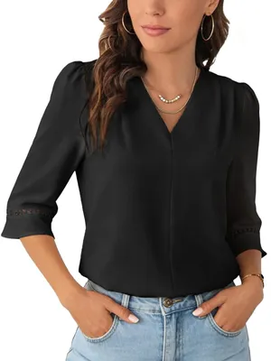 Image de Chemisier pour femmes, manches 3/4, col en V, uni, noir