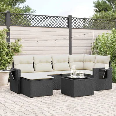 Produktbild von Design 7-tlg. Garten-Sofagarnitur mit Kissen Schwarz Poly Rattan, Gartenmöbel-Sets 2024 Neu