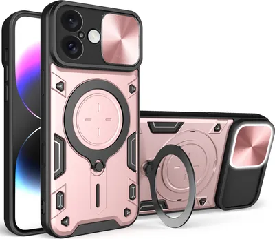 Produktbild von Handyhülle für iPhone 16 Dual-Layer Stoßfest Rüstung Hülle mit Dia Kameraschutz und Kreisförmig Ring Ständer Roségold