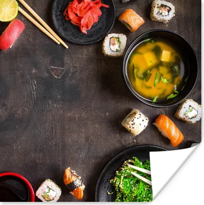 Produktbild von MuchoWow® Poster Sushi - Essstäbchen - Kräuter - Gewürze 50x50 cm - Wohnzimmerdekoration