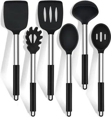 Produktbild von Famanu Küchenutensilien Set 6-teilig - Silikon mit Edelstahlgriffen, hitzebeständig, leicht zu reinigen