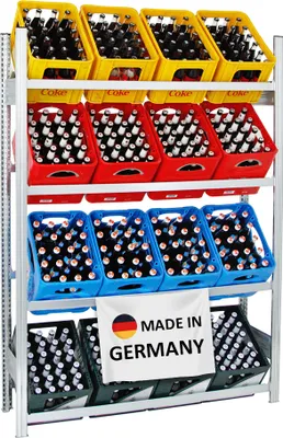 A metal shelving unit filled with crates of bottled drinks.