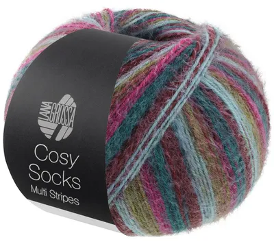 Produktbild von Lana Grossa Meilenweit 100 g COSY SOCKS Multi Stripes 400 m Flauschige Merino-Sockenwolle Farbe 159 - Rot/Fuchsia/Orange/Dunkelbraun/Lachs