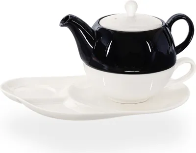 Produktbild von Buchensee Tea for one Set / Teeset Lena, Teekanne 500ml, weiß/schwarz, Crystal Bone China Porzellan