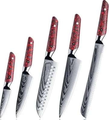 Produktbild von Set Damast Küchenmesser Madoka - 5 Stück mit Roten Griffen KP35085