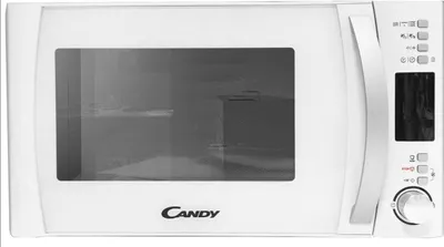 A front view of a white Candy microwave oven against a white background.