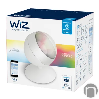 The image shows the packaging of a WiZ Colors QUEST white projector light.