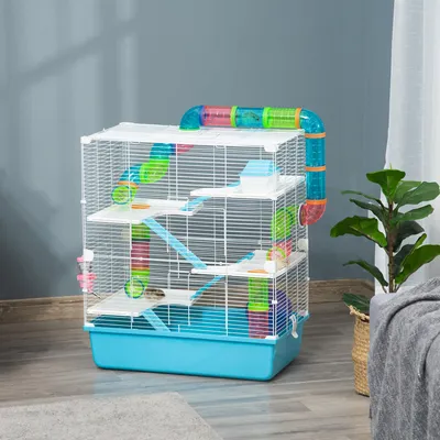 Produktbild von Sweiko Hamsterkäfig 5 Etagen Nagerkäfig Kleintierkäfig aus Stahldraht mit Laufrad, Rampe, Trinkflasche, Futternapf, Mäusekäfig für Hamster, Rennmaus 59 x 36 x 69 cm, Hellblau+Weiß