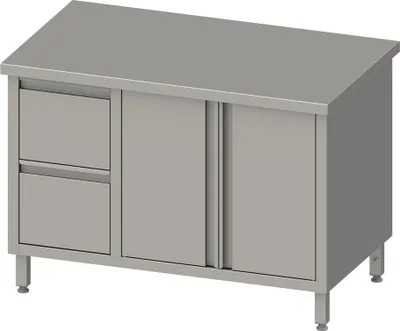 Produktbild von Arbeitsschrank mit Flügeltüren, 1200x600x850 mm, mit 2er Schubladenblock links, ohne Aufkantung, verschweißt