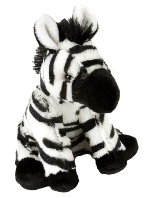A plush toy zebra sitting on a white background.