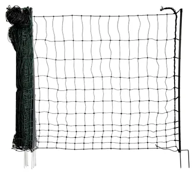Produktbild von Hühnerzaun easyLine, 25 m lang, 105 cm hoch, robustes Geflügelnetz mit 7 PVC-Pfählen und Doppelspitze, witterungsbeständig, inkl. Reparaturset