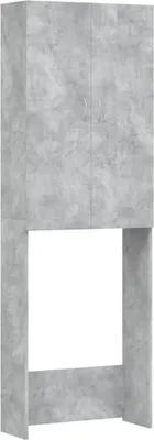 A tall, narrow, gray cabinet with two doors at the top and an open space below.
