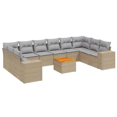Produktbild von Modulares Garten-Sofa-Set, 11-teilig, mit Stauraum, wasserabweisendem Beutel, Poly Rattan Beige, Kissen Hellgrau, Akazienholz-Tischplatte