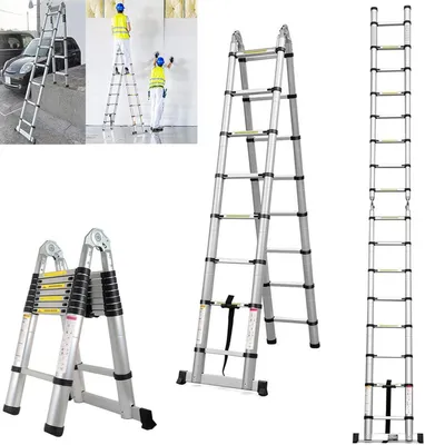 Zdjęcie produktu dla Drabina teleskopowa, wykonana ze stali nierdzewnej, maksymalne obciążenie 150 kg, wysokość 3,8 m, wysokość po złożeniu 2 m, antypoślizgowe stopki