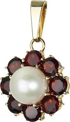 Produktbild von Granat Anhänger Goldschmiedearbeit 14 Karat 585 Gold Blume Süßwasserperle 3187