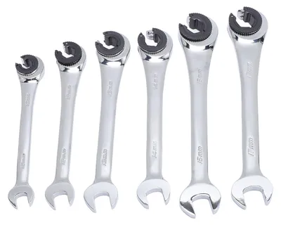 Produktbild von 6-teiliges Ratschenschlüssel-Set mit aufgeweiteten Muttern für Kraftstoffbrems- und Klimaanlagenleitungen 10 mm, 12 mm, 13 mm, 14 mm, 15 mm, 17 mm