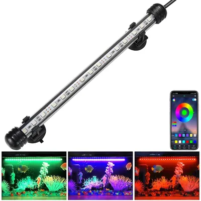 Produktbild von ROSNEK LED Aquarienlampe 28 cm, RGB Farbwechsel, IP68 Wasserdicht, Bluetooth App & Fernbedienung, Musik-Sync, Timer, stufenlos dimmbar, 180° Abstrahlwinkel, ultrahell, augenfreundlich, langlebig, für Süß- & Salzwasser, Acryl, 30.000h+