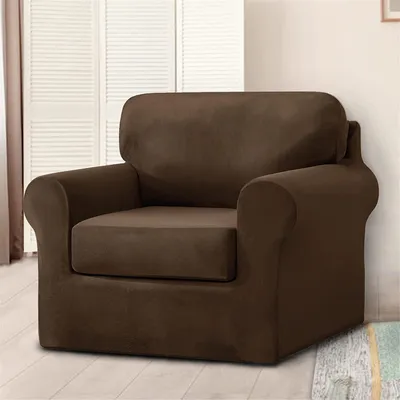 Produktbild von Samt-Stretch-Sofabezug mit separatem Rückenlehnenbezug und Sitzkissenbezug, Anti-Rutsch-Sessel-Sofa-Überzug mit Gummiband für Wohnzimmer (1-sitzer, Dunkelbraun)