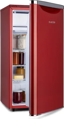 A red refrigerator with its door open, showing shelves stocked with jars and a block of butter.
