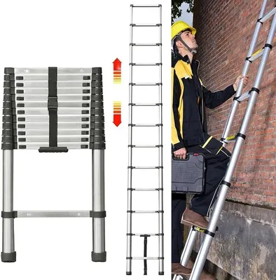 Imagen del producto de Silecomplaza, escalera telescópica de 3,8 metros, escalera telescópica multiusos, plegable, con pies de goma antideslizantes y peldaños anchos, escalera extensible para acceder a áticos, escalera de acero inoxidable EN131, capacidad de 150 kg