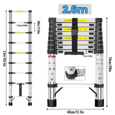 Obrázek produktu pro Teleskopická žebřík - Skládací výsuvná žebřík - 2,6 m - Nerezová ocel - Nosnost 150 kg - Protiskluzové nožičky - Výškově nastavitelná - Přenosná