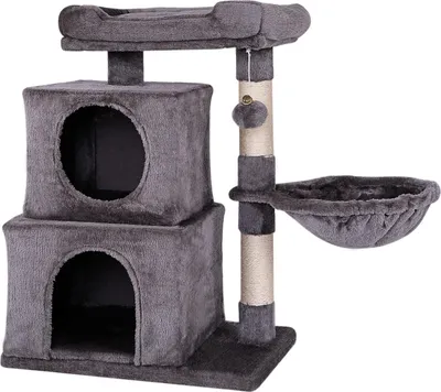 Produktbild von lionto Katzen Kratzbaum, 70 cm mit 2 Höhlen, Liegemulde, Liegebett & Spielball, robust & gemütlich, dunkelgrau