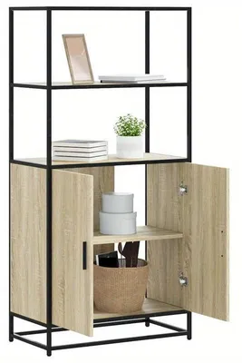 Image de Armoire haute 68x35x139 cm, en bois et métal - Armoire de rangement élégante avec des compartiments ouverts