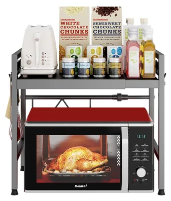 Image de Étagère réglable pour micro-ondes - Support de cuisine à 2 niveaux avec crochets