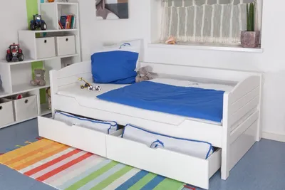 Produktbild von Kinderbett / Jugendbett "Easy Premium Line" K1/s Voll inkl 2 Schubladen und 2 Abdeckblenden, 90 x 200 cm Buche Vollholz massiv weiß lackiert