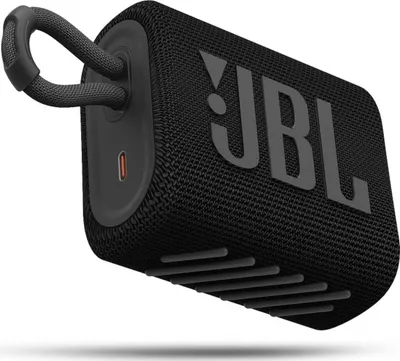 A black JBL portable speaker is shown from a diagonal angle against a white background.