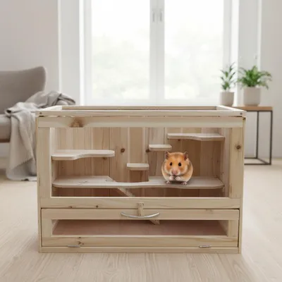 A hamster cage with multiple levels, placed indoors on a wooden floor, with a window and furniture in the background.