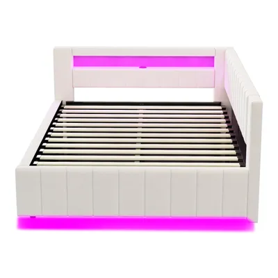 Produktbild von Flieks Hydraulisches Polsterbett 140x200cm mit USB, Tagesbett Schlafsofa mit LED, Doppelbett Jugendbett mit Stauraum, Samt, Beige