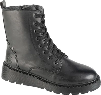 A black leather boot with laces on a white background.