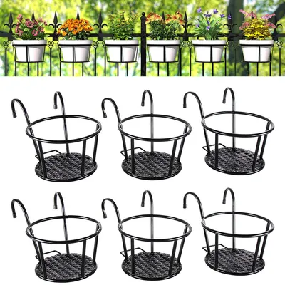 Produktbild von Hängender Blumenhalter aus Eisen für Balkon-Geländer, runder Pflanzkorb, dekorativer Blumentopfhalter für Hängepflanzen und Rankgewächse