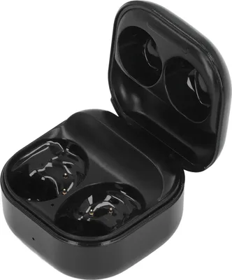 A black charging case for wireless earbuds, shown open against a white background.