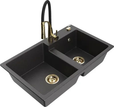 Produktbild von Mexen Tomas 2-Becken-Granitspüle mit Mischbatterie Aster, Schwarz gesprenkelt - 6516-76-73450-57-G