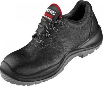 A black safety shoe with gray sole and red accents on the tongue.