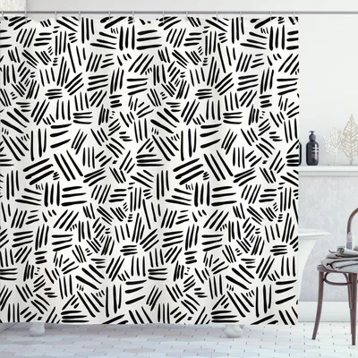 Produktbild von ABAKUHAUS Elfenbein und Schwarz Duschvorhang, Abstraktes Muster mit Hand gezeichneten schwarzen Anschlägen, 175 x 200 cm, Schwarz Elfenbein