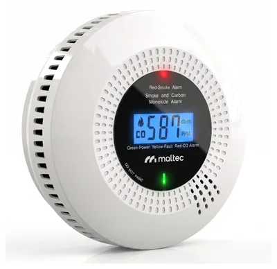 Obrázek produktu pro Detektor kouře a oxidu uhelnatého 2 v 1 od společnosti MalTec CO, s LCD displejem, senzorem kouře a oxidu uhelnatého, 85 dB, pro plochu 40 m², splňuje normy EN 14604 a EN 50291-1, napájení 2x AA