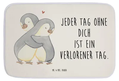 Produktbild von Mr. & Mrs. Panda Badteppich Pinguine Kuscheln - Weiß - Geschenk, für Freundin, wannenvorleger, Hochzeitstag, Badematte, Badvorleger, duschmatte, Liebesgeschenk, Frauen