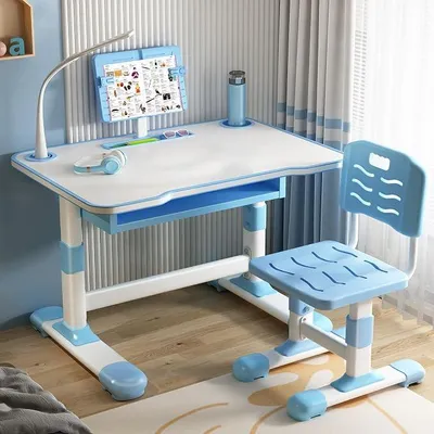 Imagen del producto de Escritorio infantil con altura ajustable y silla, escritorio para niños con cajón, soporte para libros y luz LED, set de escritorio y silla para niños y niñas de 3 a 18 años (azul)