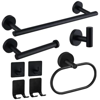 Image de Ensemble de 8 accessoires de salle de bain en acier inoxydable : porte-serviettes, porte-papier toilette, anneau porte-serviette, patère, 2 crochets adhésifs, 2 porte-rasoirs (noir)