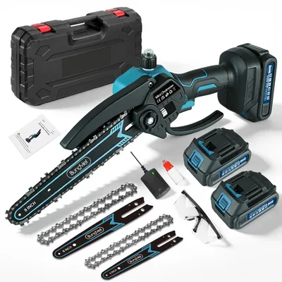 Produktbild von Akku Kettensäge 8+6 Zoll mit Kettenschmiersystem 2x Akku 21V 2000mAh Bürstenlosen Motor, Mini Elektrische Gartensäge, Einhand Motorsäge, Astsäge