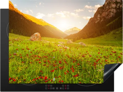 Produktbild von KitchenYeah© Herdabdeckplatte Blumen - Berg - Sonne , 71x52cm, Küche Deko, Glaskeramikkochfeld Herdabdeckung, Abdeckplatte fùr Kochfeld