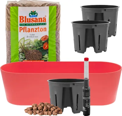 Produktbild von Leni Flori Jardiniere Blumentopf länglich 36 cm koralle / rot Hydrokultur-Komplett-Set mit Übertopf Hydro-Töpfen Wasserstandsanzeiger & Pflanzton