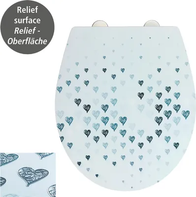 A toilet seat with a heart pattern and a close-up detail of the pattern.