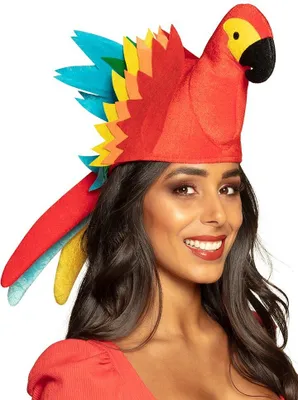 A woman wearing a parrot hat.
