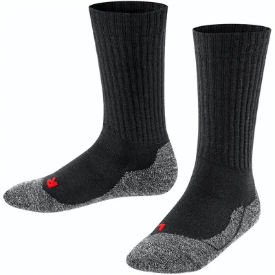 Two black socks with gray heels and toes, shown from a diagonal angle on a white background.