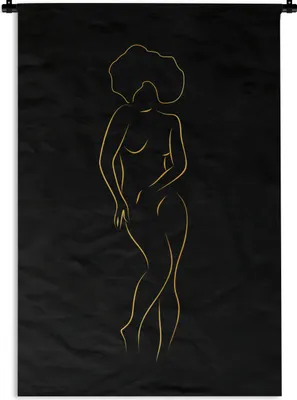 Produktbild von MuchoWow® Wandteppich Wandbehang Frau - Gold - Schwarz - Strichzeichnung 90x135 cm Tapisserie Dekoration Wandtuch - Baumwolle - Wandskulptur